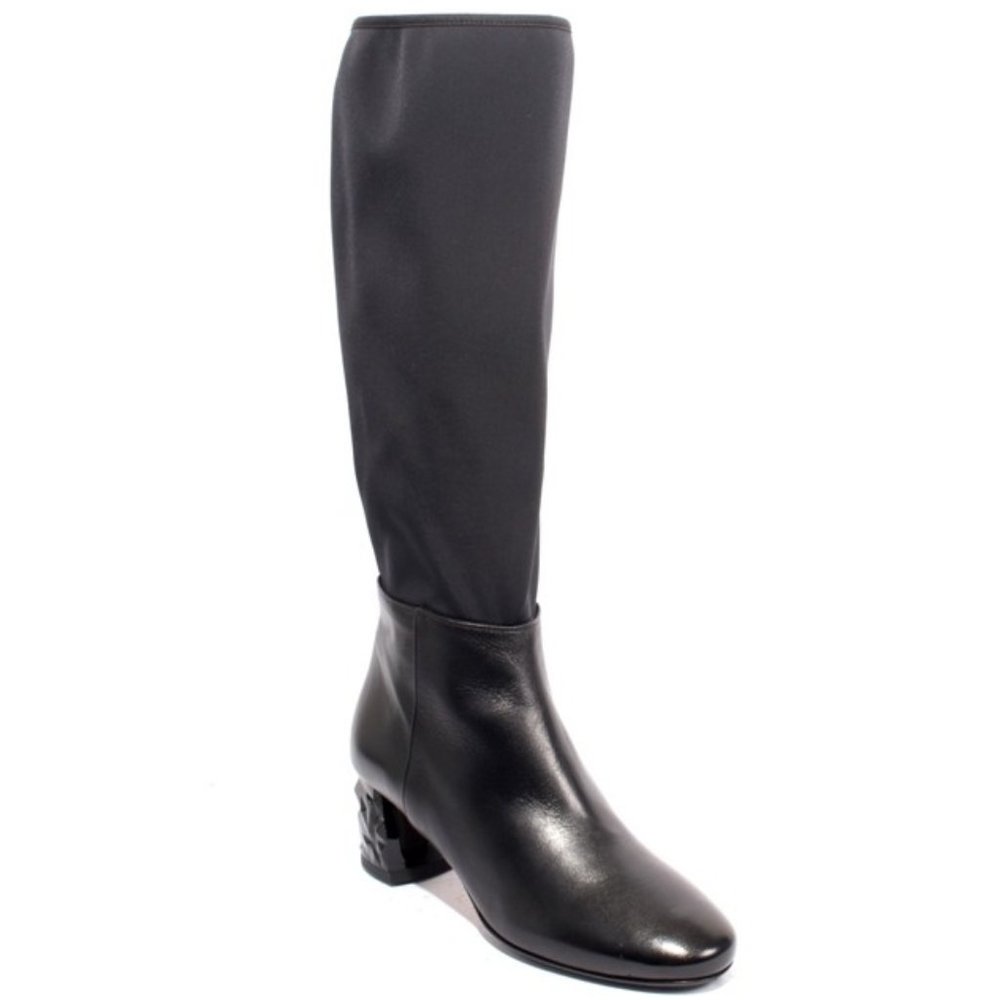 ITALIAN Black Leather Stretch Knee-High Heel Boots